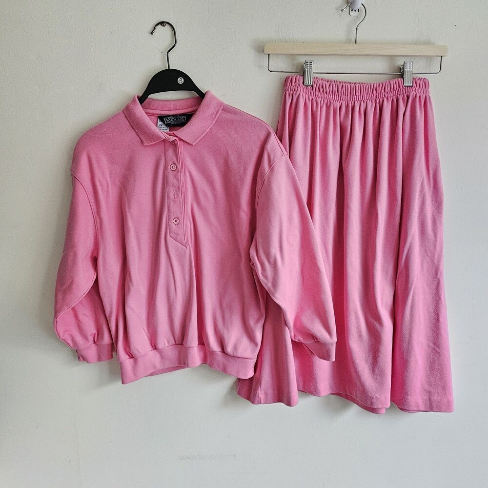 Vtg. Women's Pink Top & Skirt Set – Lands' End – Size Petite M (PM)  Two-piece